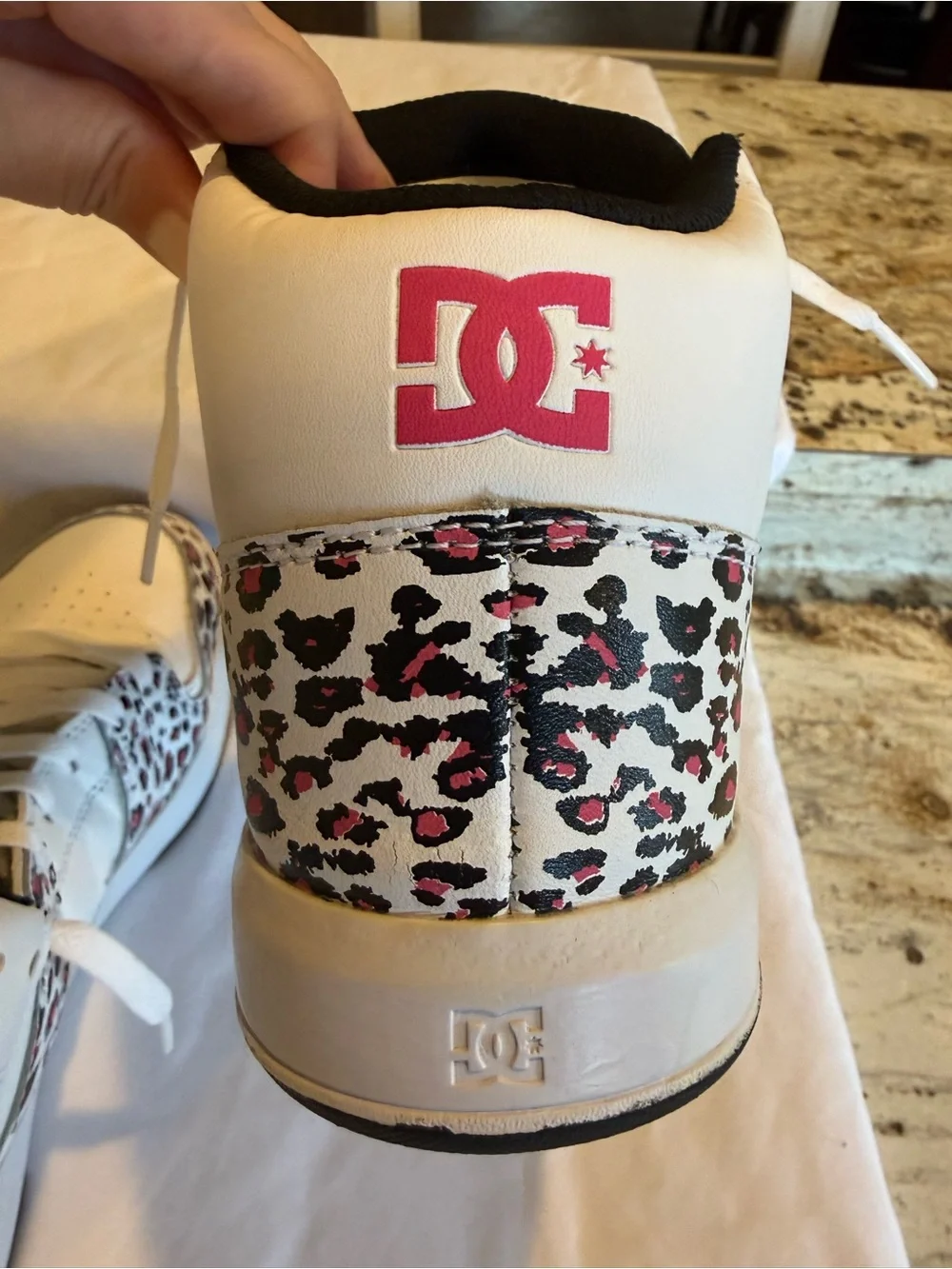 DC Cure Hi White High-Top Sneakers with Pink Leopard Accents